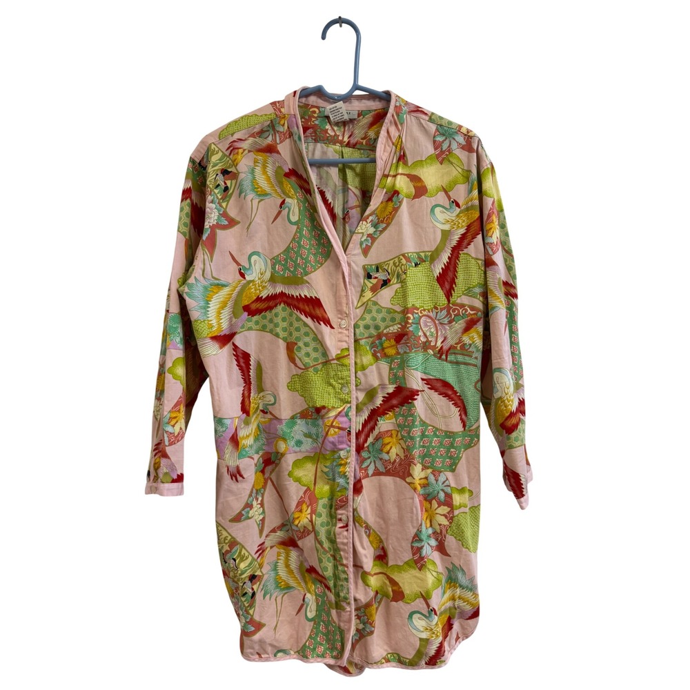 Natori Pink Crane Floral Cotton Sleep Shirt Tunic Button Front B89545 Medium